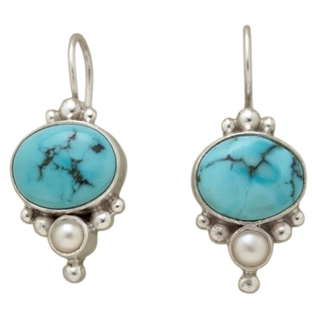 Turquoise Silvertone Earrings with White Accents